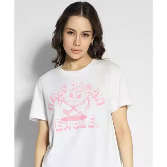 American Eagle White and Pink Logo Short Sleeve Tee Shirt Top Size Small - Picture 1 of 5